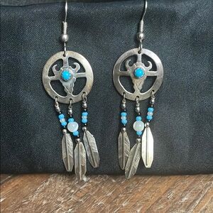 Silver and Blue Feather Dangle Earrings